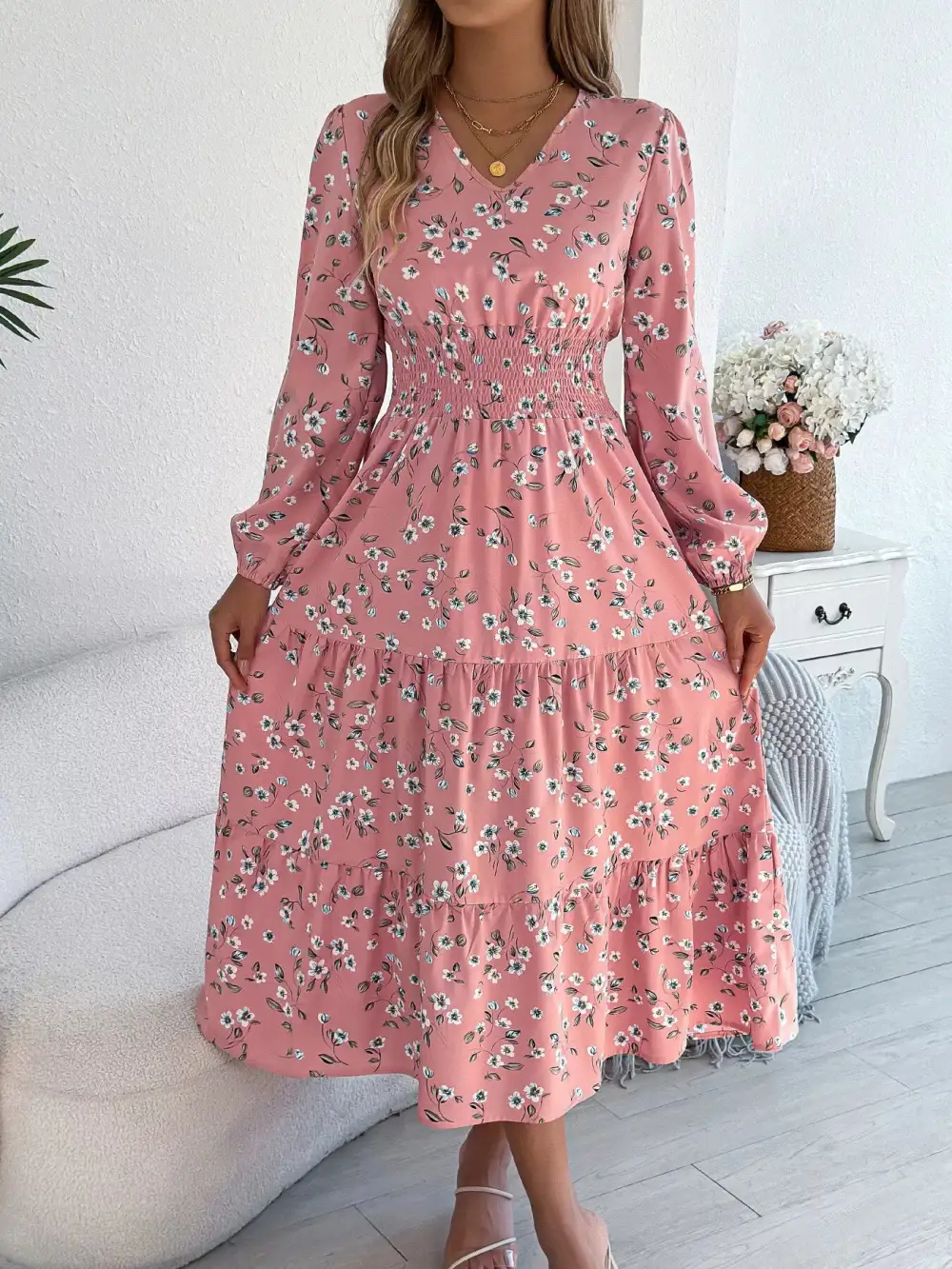 Structured Shape Floral Printed V Neck Midi Dress