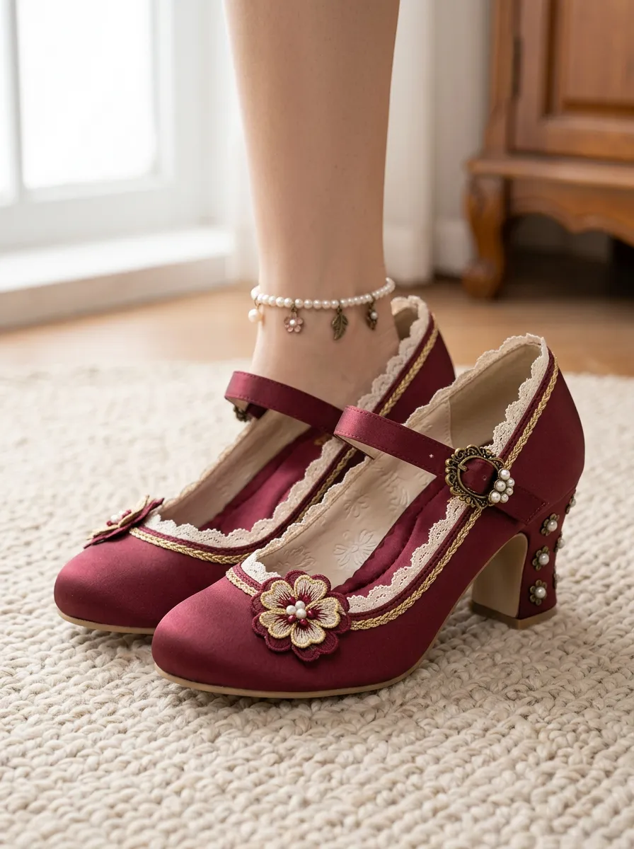 Mary Jane Lace Floral Embroidered Women's Bavarian Occasion Heels