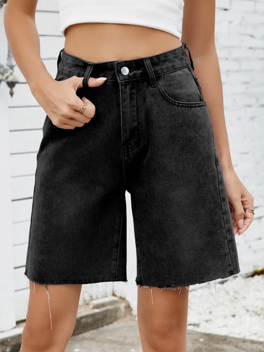 Textured Washed Raw Hem Denim Shorts