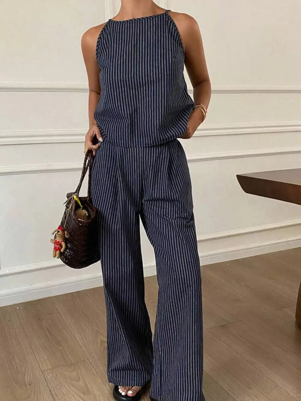 Refined Striped Sleeveless Top and Wide Leg Pants Set
