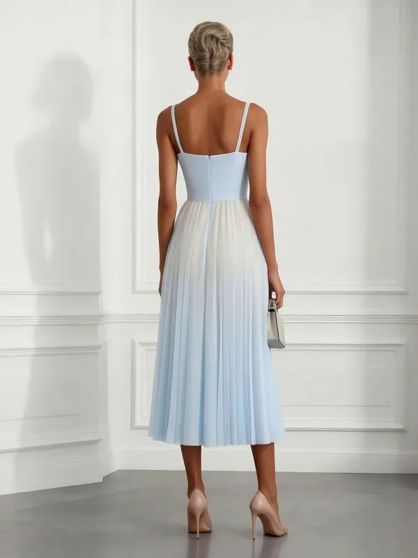 Elegant Pleated Gradient Spaghetti Strap Midi Dress