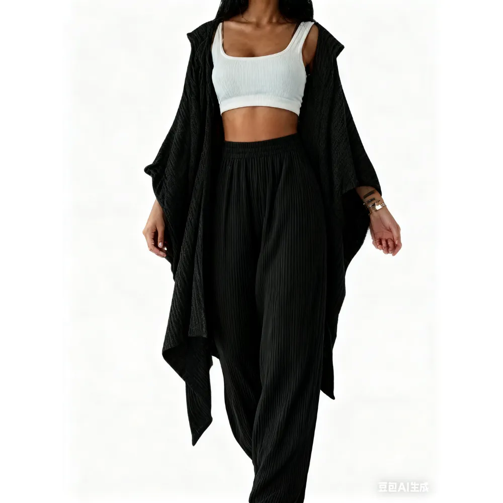 Women's Two-Piece Casual Set, Wide-Leg Pants & Loose-Fit Cardigan Jacket