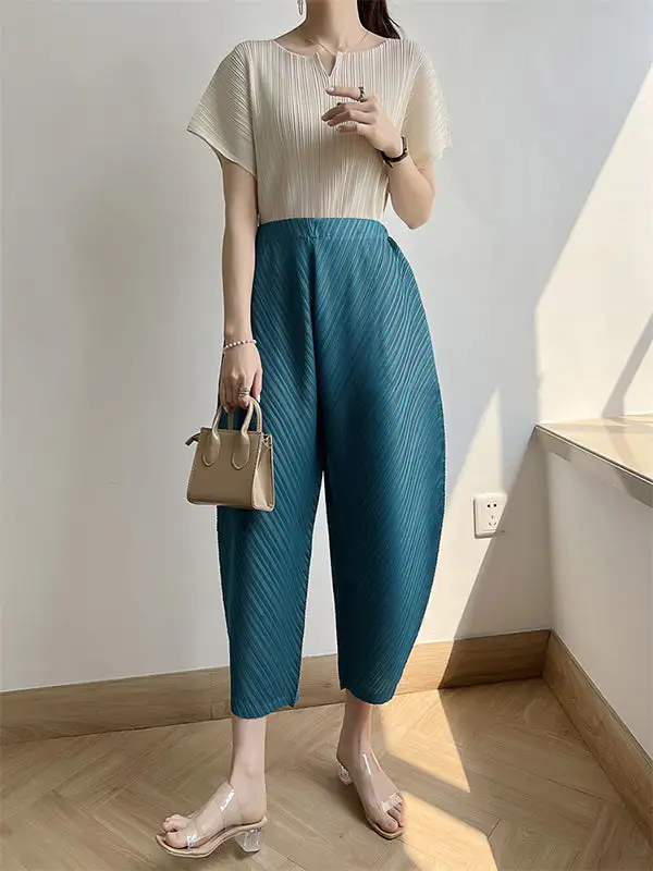 Women's High Waist Cropped Pleated Patchwork Pants