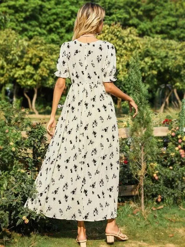 Women Sweetheart Flounce Sleeve Floral Dress