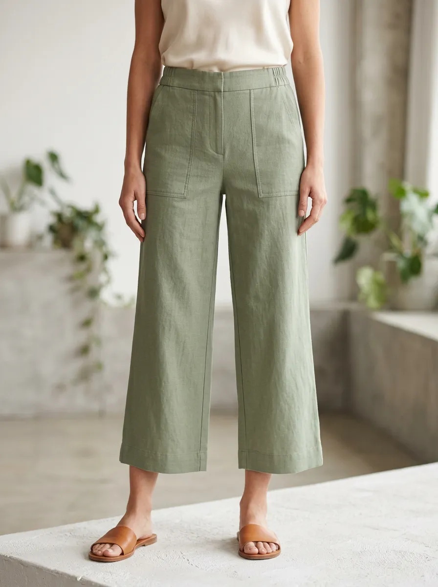 Relaxed Linen Blend Wide Leg Style Women's Cropped Pants