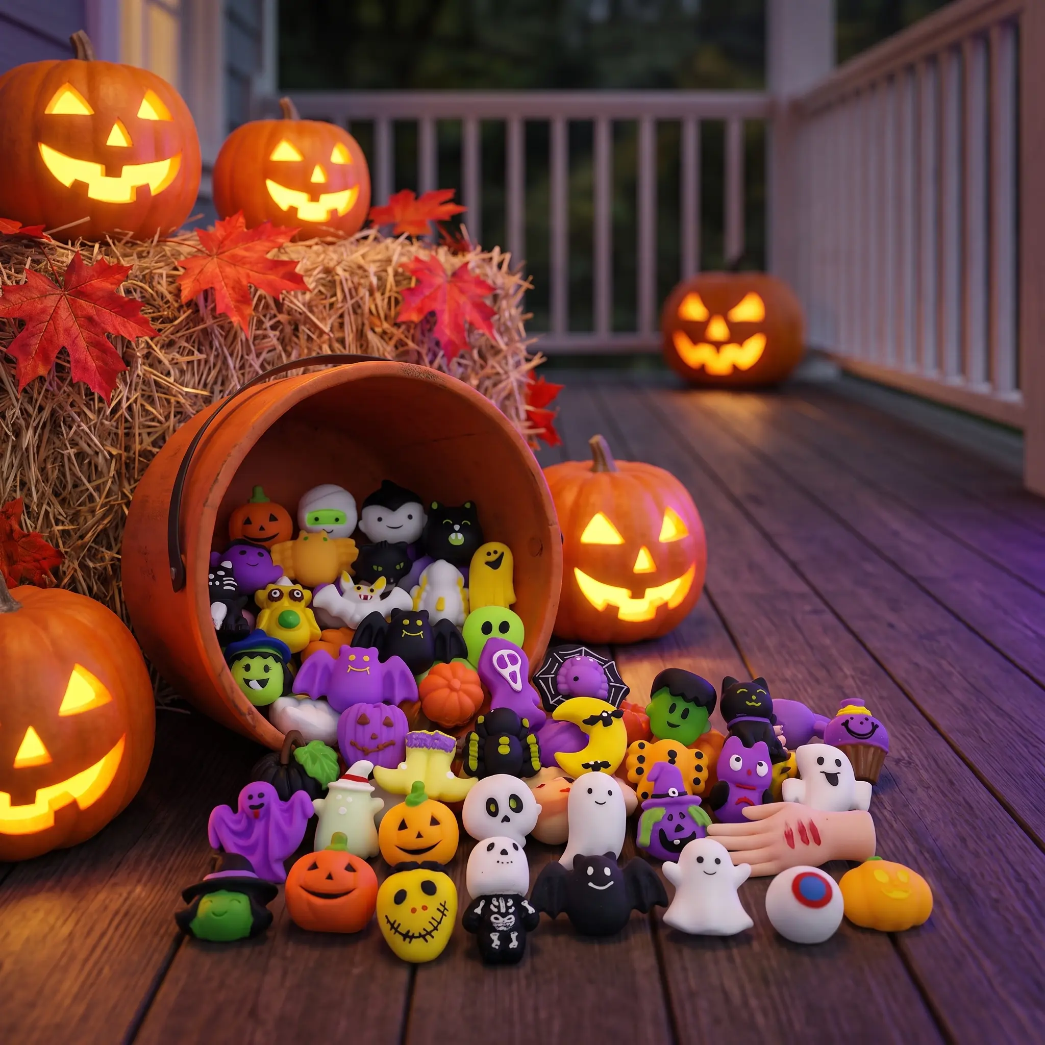 Assorted Halloween mini squishy toys with pumpkins, ghosts, bats and other random shapes