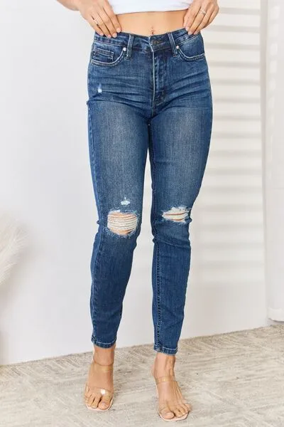 Balanced High Waist Distressed Denim Jeans