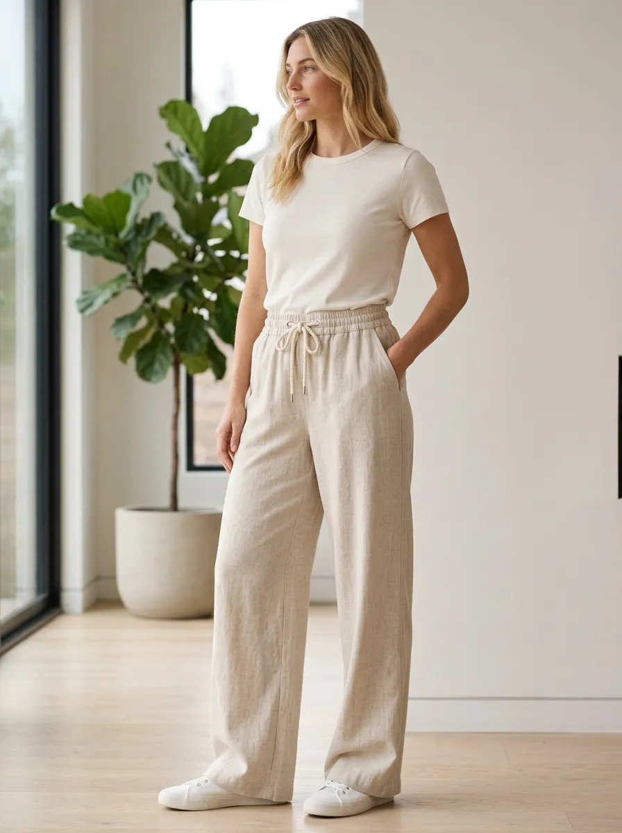 Women's Classic Linen Blend Linen Inspired Adjustable Drawstring Waist Pants