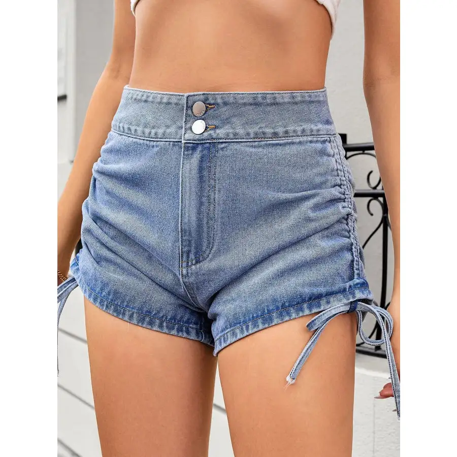 Ruched Side Drawstring Denim Shorts