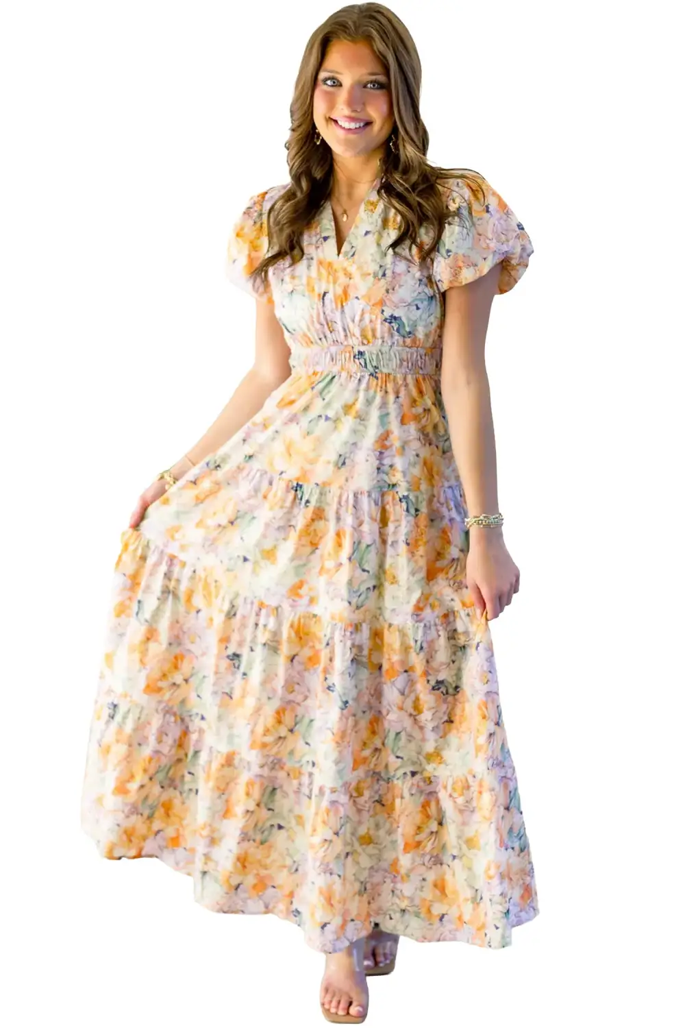 Floral V Neck Flared Maxi Dress