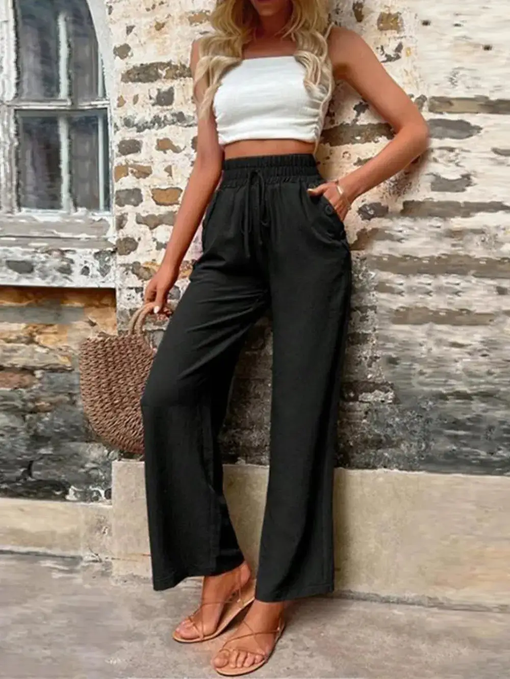 Lightweight Tie Waist Tie Detail Pants