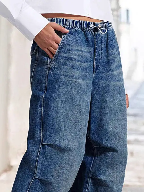 Ombre High Waist Relaxed Fit Drawstring Elastic Waist Jeans