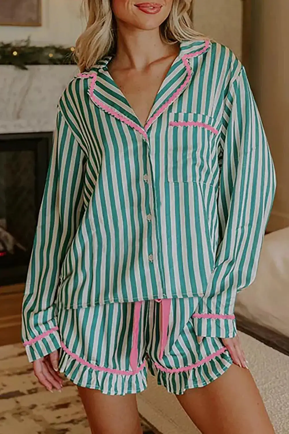 Stripe Contrast Ricrac Trim Long Sleeve Shirt