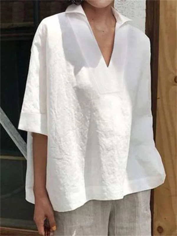 Relaxed Three Quarter Sleeves Lapel T-Shirt
