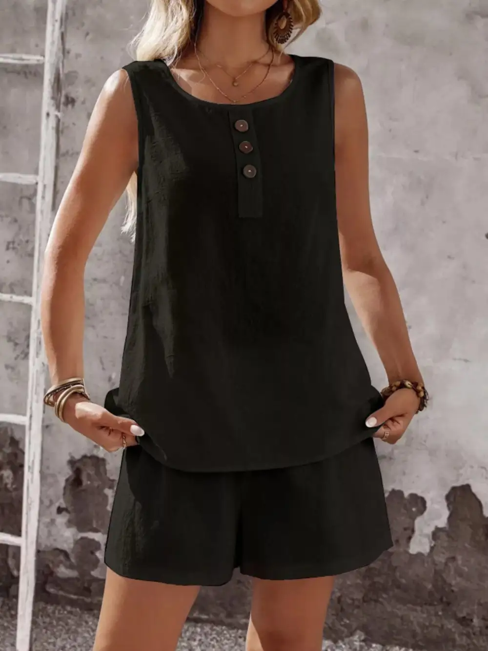Decor Button Round Neck Tank and Shorts Set