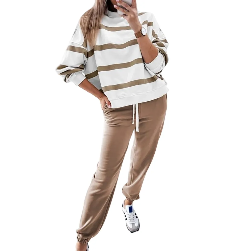 Women's Striped Two Piece Outfit Long Sleeve Drop Shoulder Pullover Tops & Jogger Pants