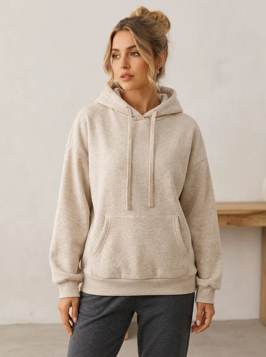 Minimalist Beige Solid Color Pullover Hoodie