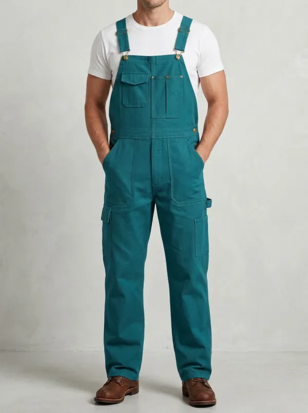 Men's Olive Green Adjustable-Strap Cargo Workwear Overalls