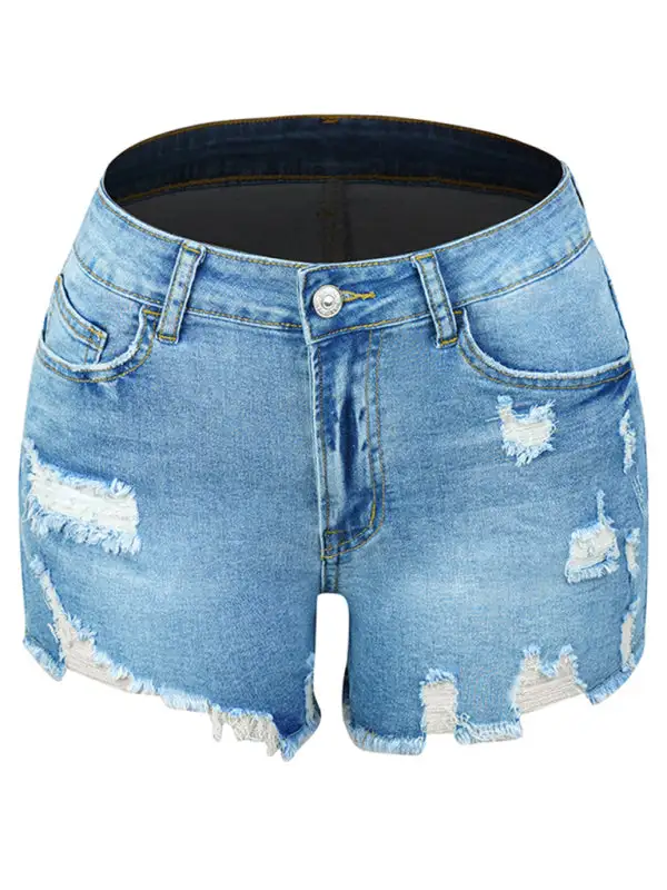 Mid Rise Skinny Ripped Stretch Shorts Denim Pants