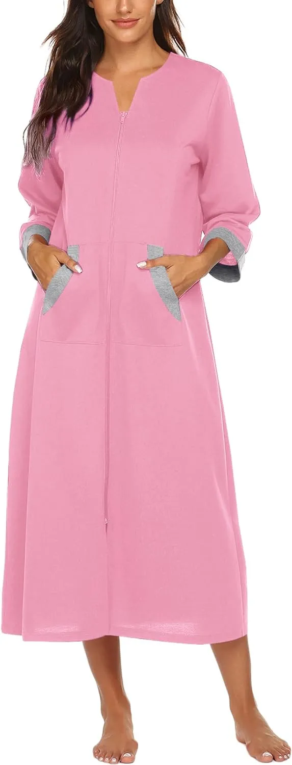 50% OFF Women Zipper Robe 3/4 Sleeves Loungewear Dress Full Length Sleepwear Pockets Housecoat Nightgown Long Bathrobe