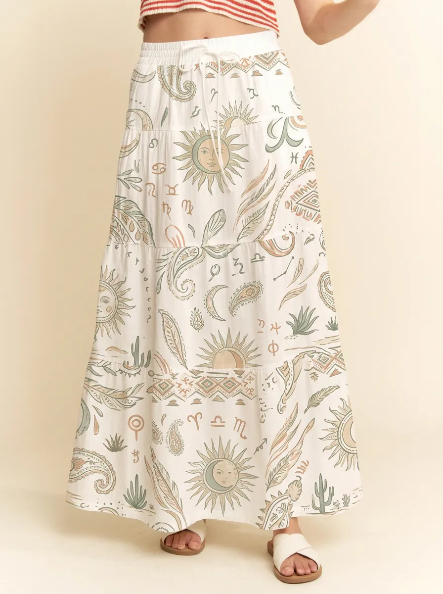 Women's Boho Astrology Sun Moon Printed Maxi Skirt