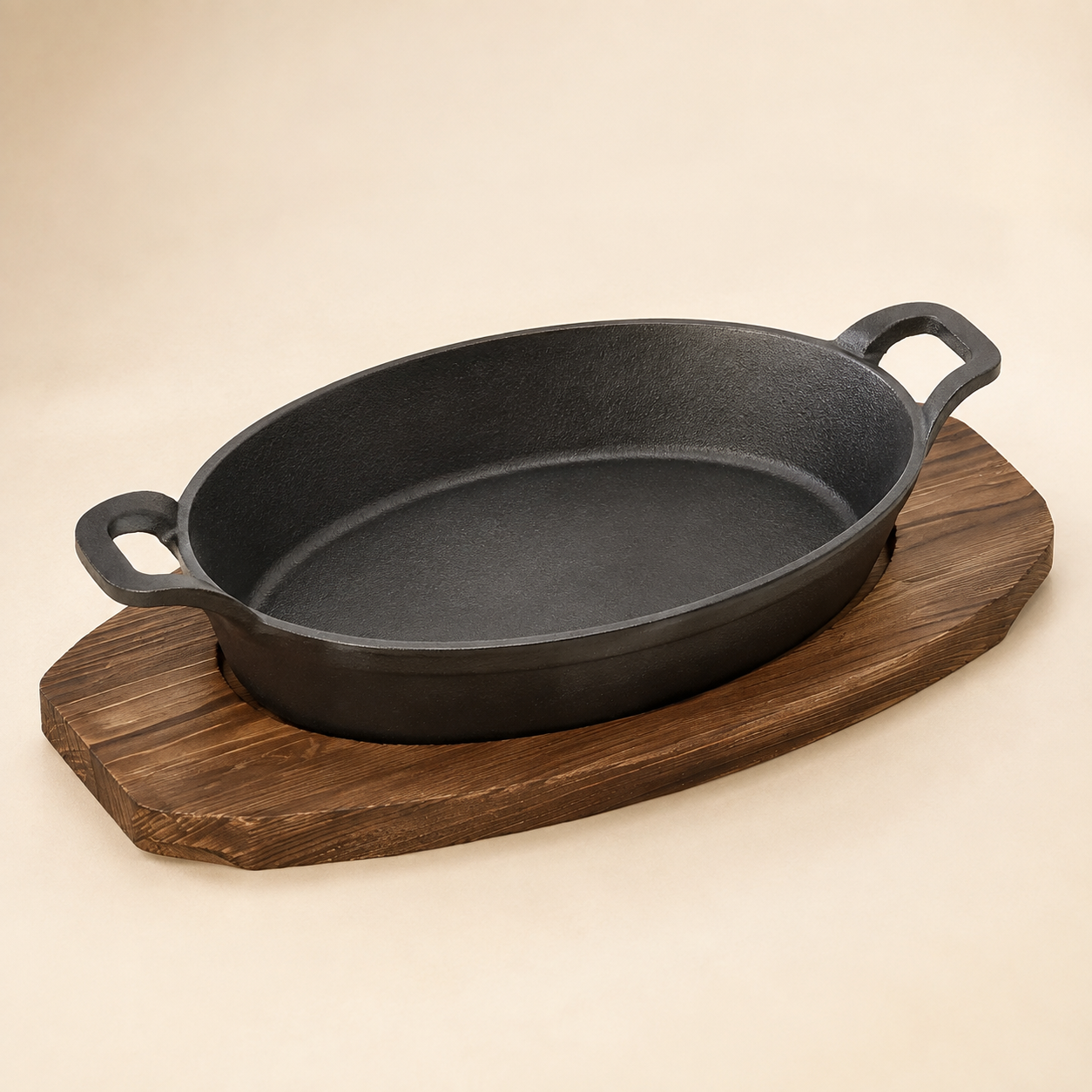 Mini oval cast iron pan with matching wood serving tray