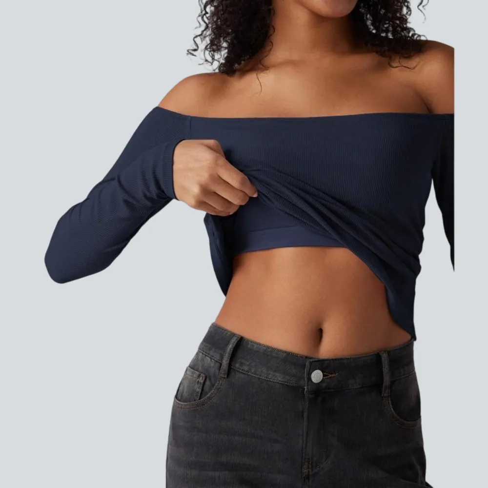 Ribbed Knit Off Shoulder Long Sleeve 2-in-1 Casual Top