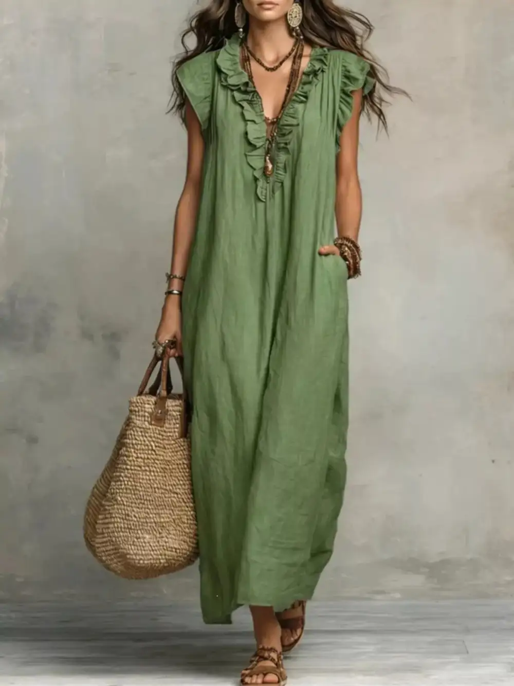 V-Neck Pocketed Maxi Dress