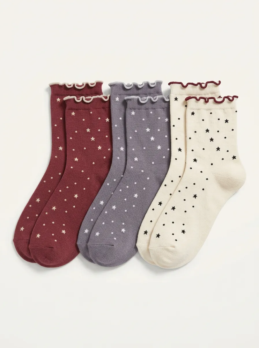 Women's Star Pattern Ruffle Trim Printed Socks 3-Pack