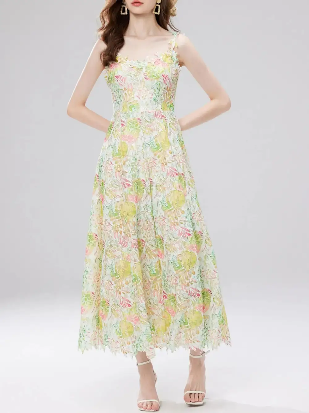 Floral Lace V Neck Midi Dress