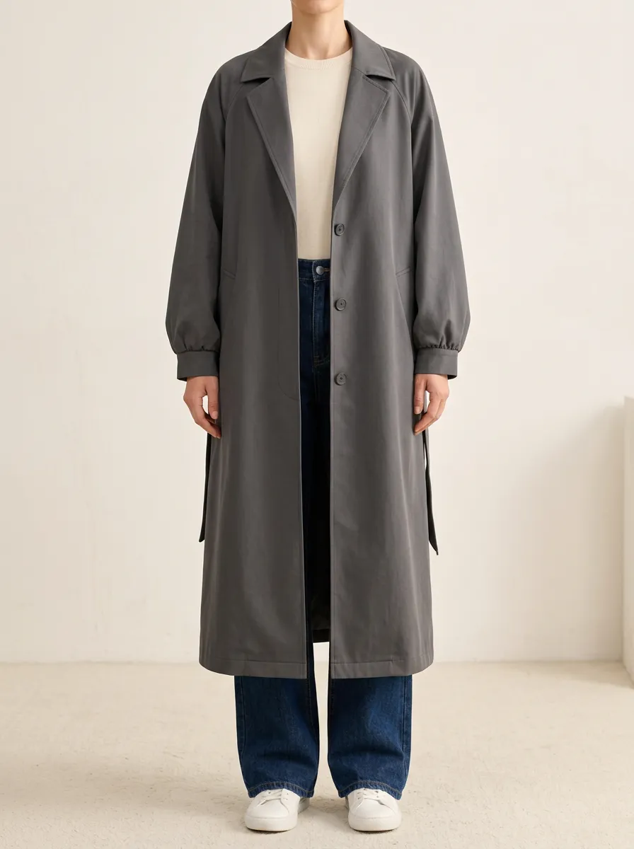 Charcoal Grey Notched Collar Relaxed-Fit Trench Coat for Women