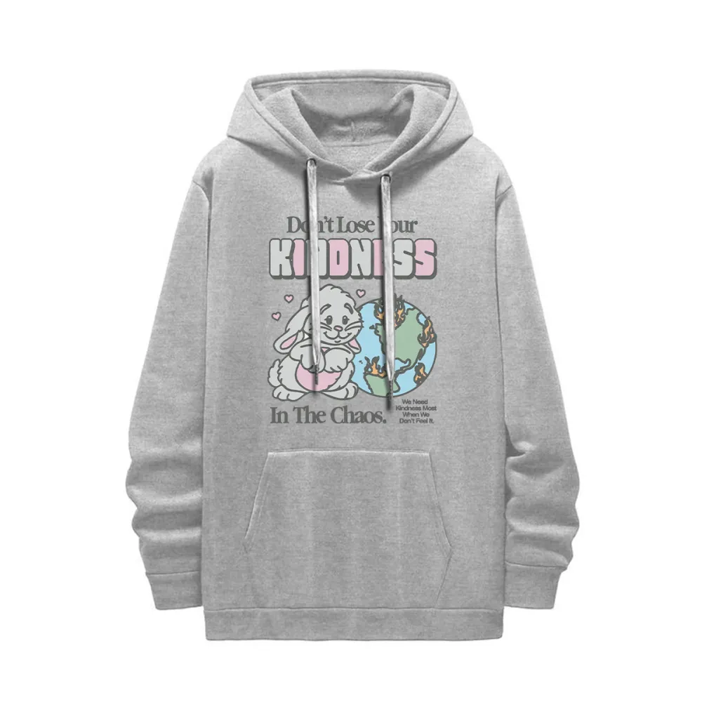 Bunny & Globe Graphic Black Hoodie with Kindness Slogan