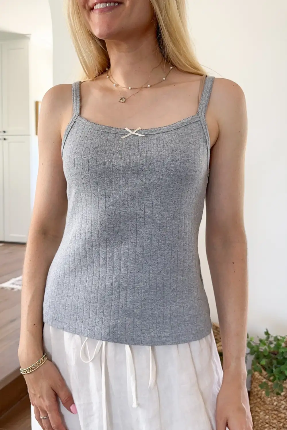 Boxy Fit Ribbed Knit Pointelle Tank Top