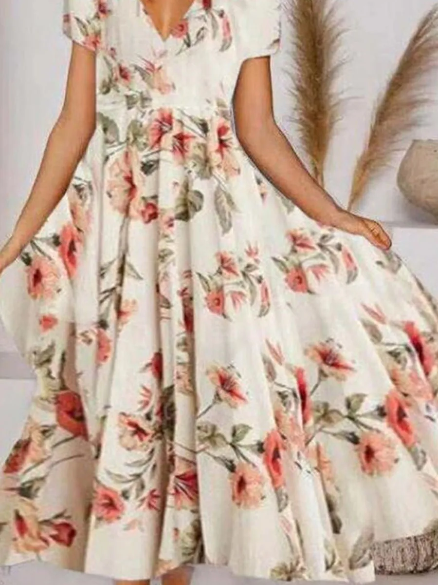 V-neck Floral Print Casual Midi Dress