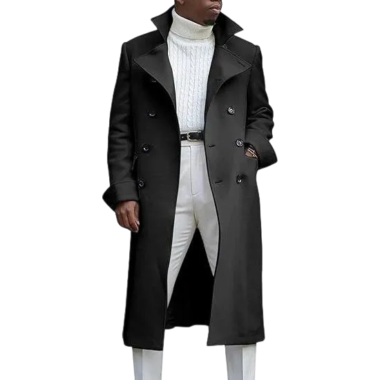 Men's Notch Lapel Double Breasted Long Trench Coat Casual Cotton Blend Peacoat