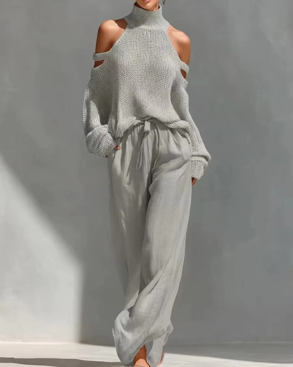 Knit Cold-Shoulder Turtleneck Wide-Leg Pants Set