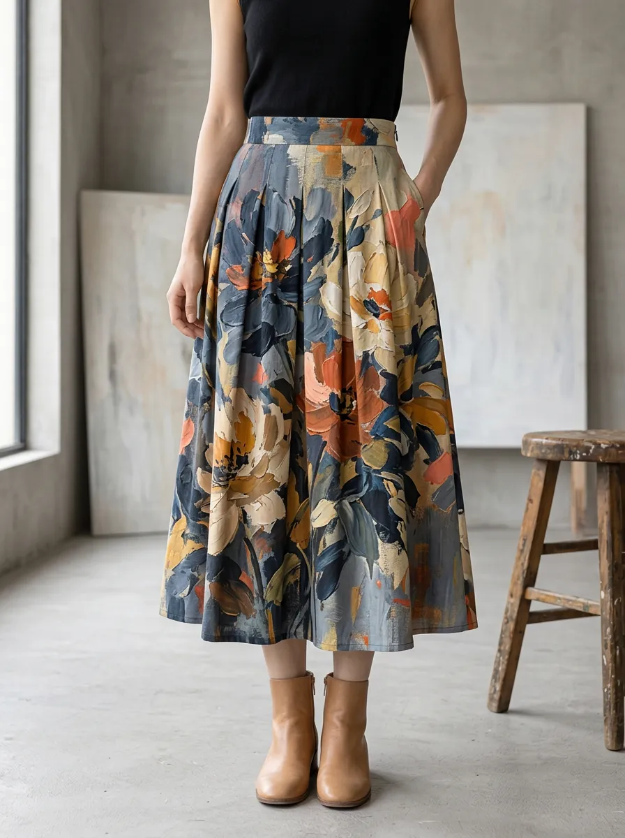 Women's Vintage Floral Print Pleated Midi Skirt