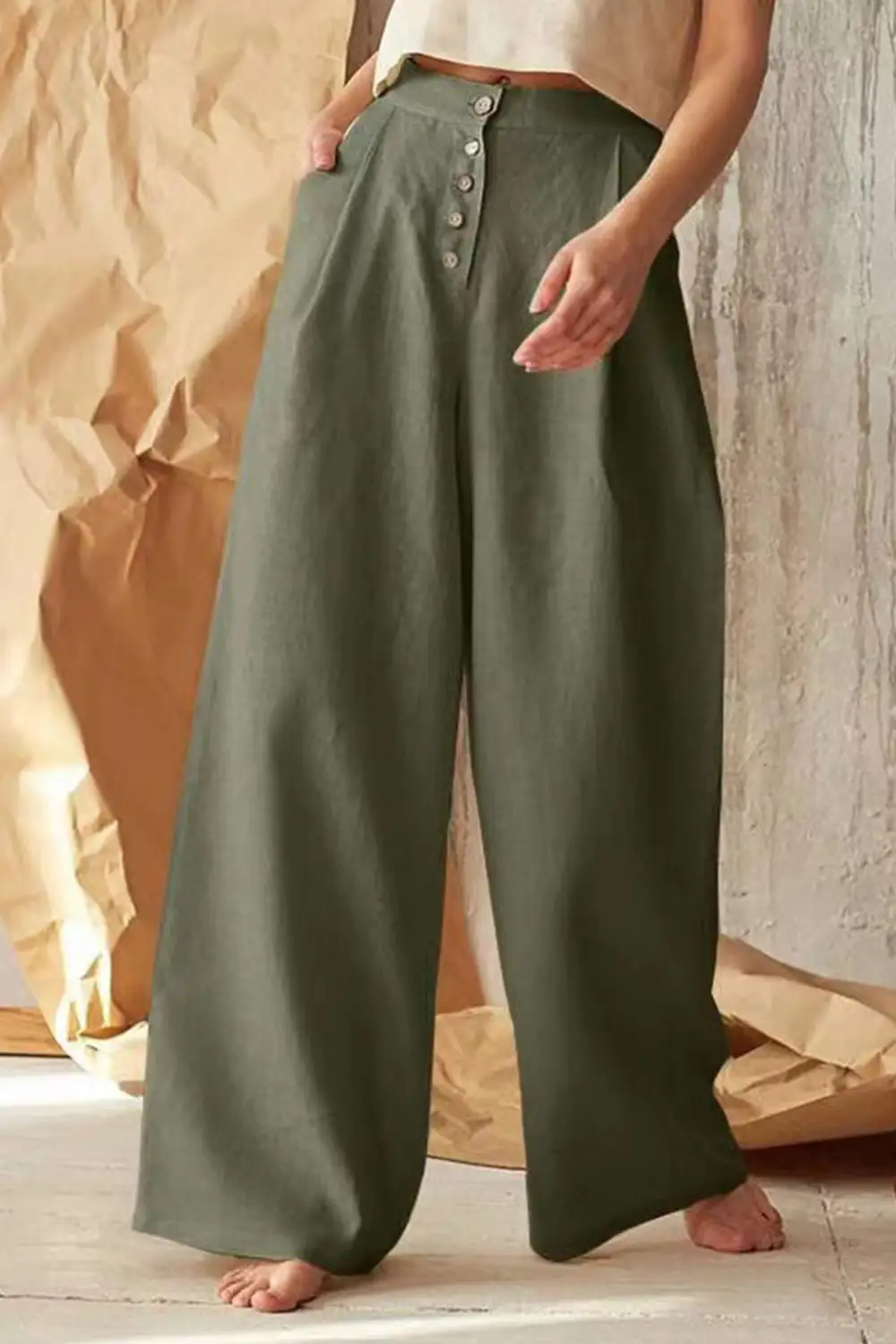 Front Button Wide Leg Cotton Linen Pants