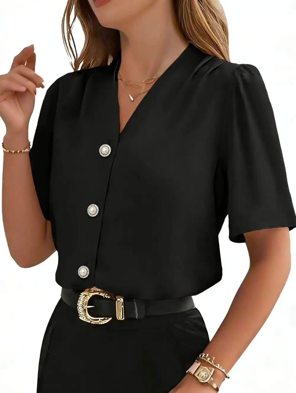 V Neck Button Short Sleeve Shirt
