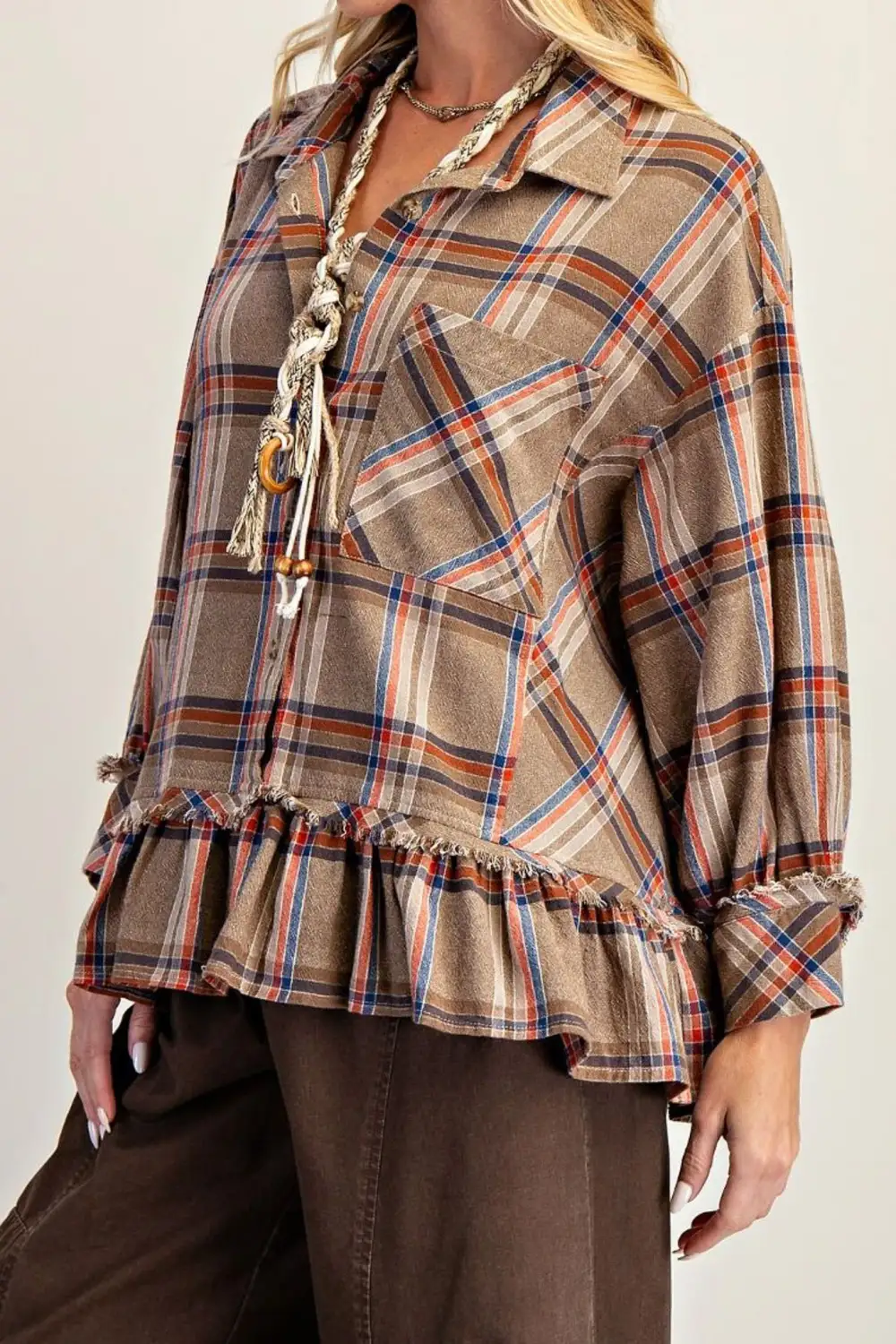 Plaid Button Down Collared Ruffle Shirt