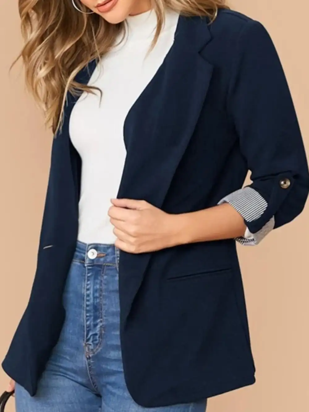 Lapel Collar Roll Tab Sleeve Blazer