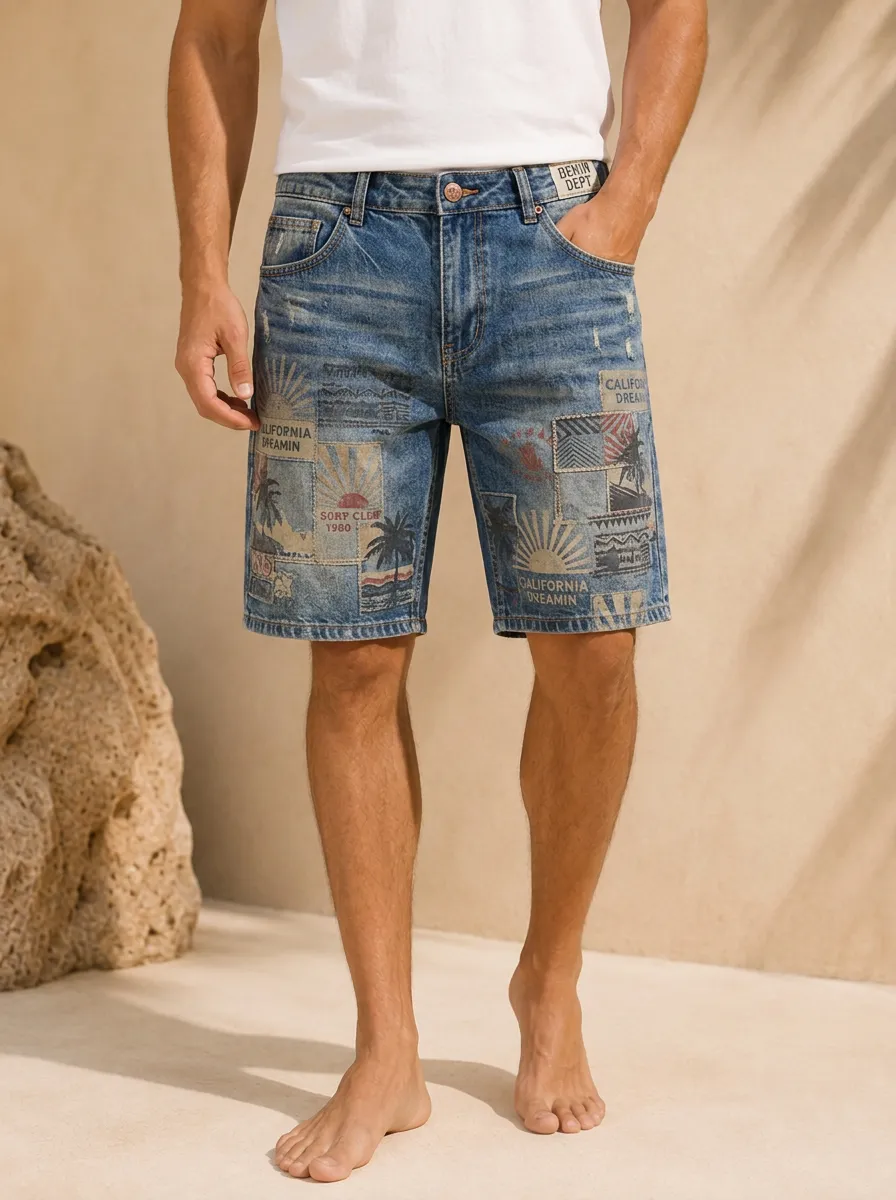 Men's California Surf Beach Theme Patchwork Printed Denim Shorts
