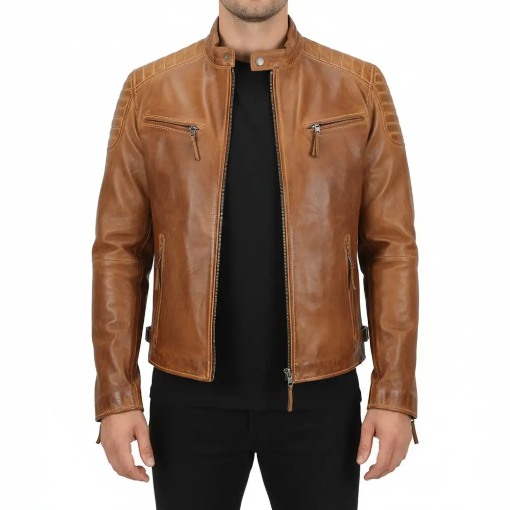 Traditional Leather Biker Motorcycle Multi Pocket Jacket