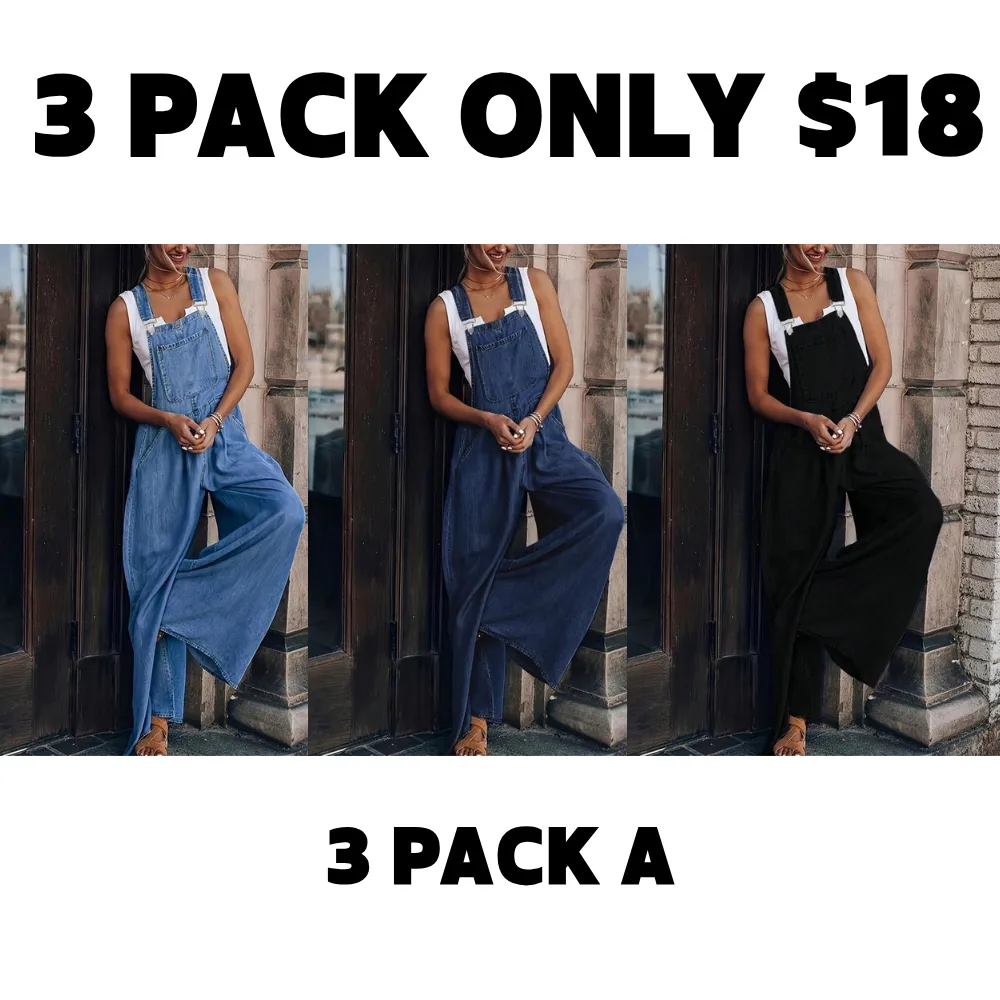 Women's Denim-Effect Print Plicated Wide Leg Overalls Jumpsuit