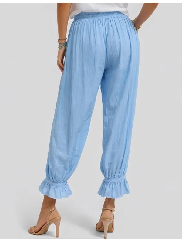 Elastic Waist Drawstring Ruffle Hem Lantern Pants