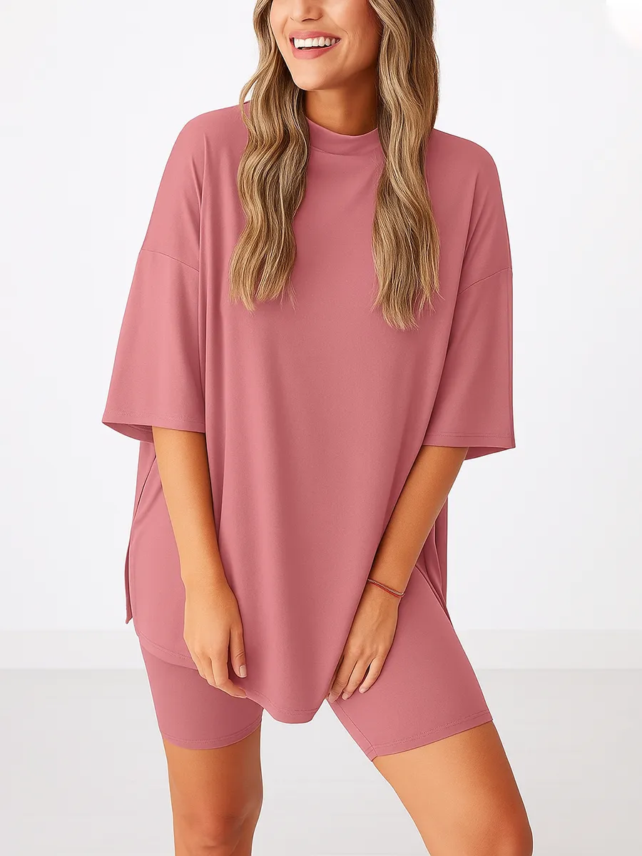 Women'S Summer Two-Piece Set 2025 Casual Oversized Shirts Biker Shorts Matching Airport Travel Outfit Split Hem Lounge