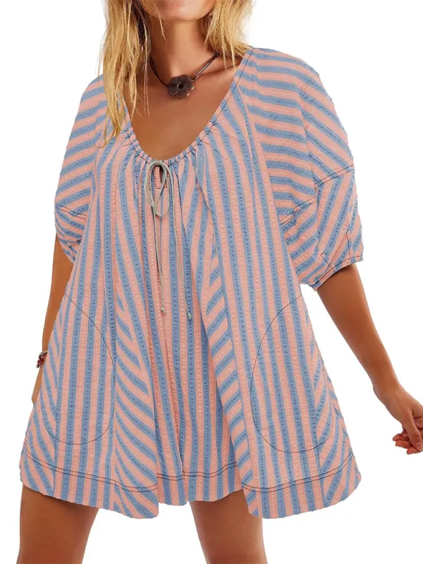 Short Sleeved Striped Jumpsuit Slim Loose Shorts