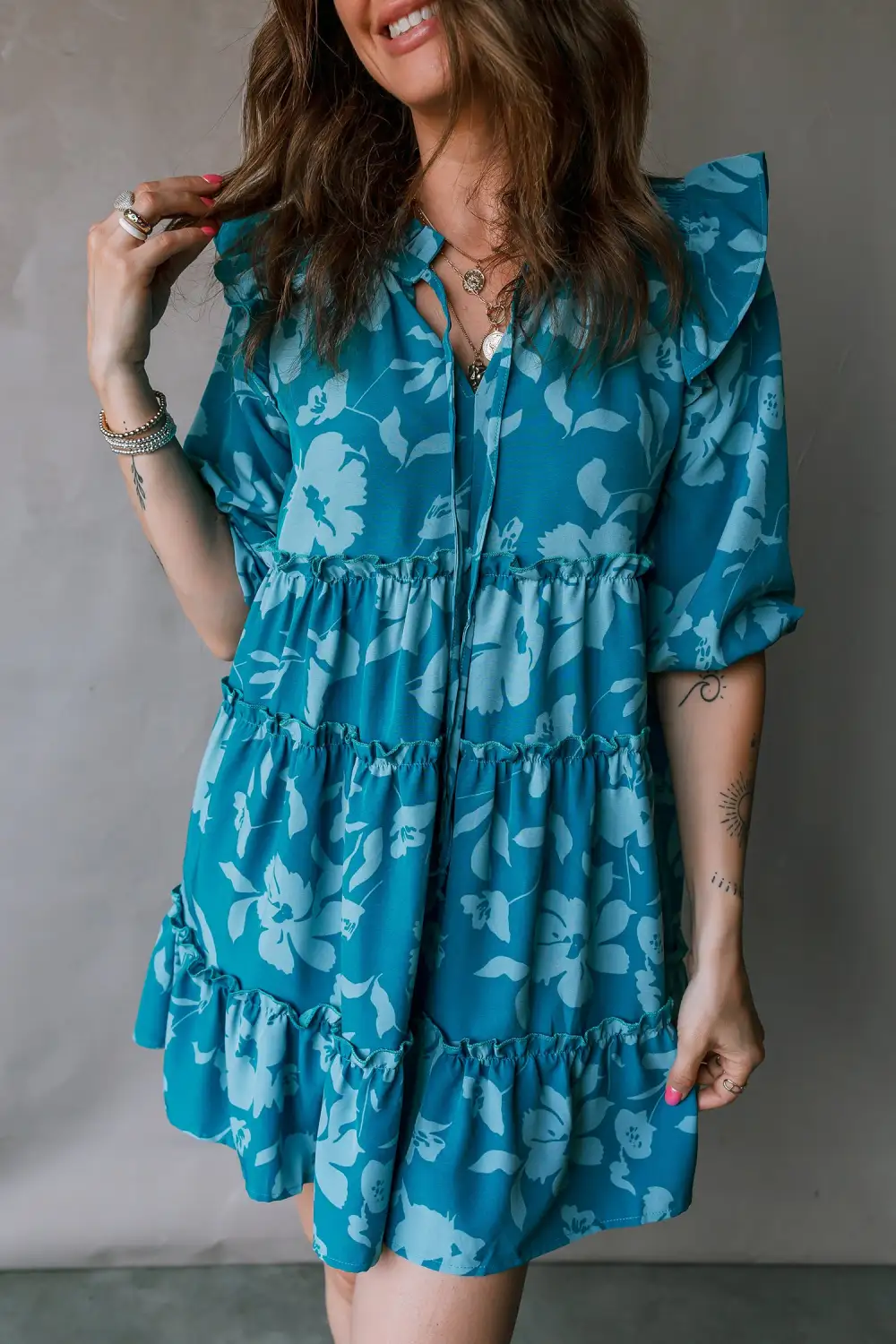 Textured Detail Floral Ruffle Tiered Mini Dress
