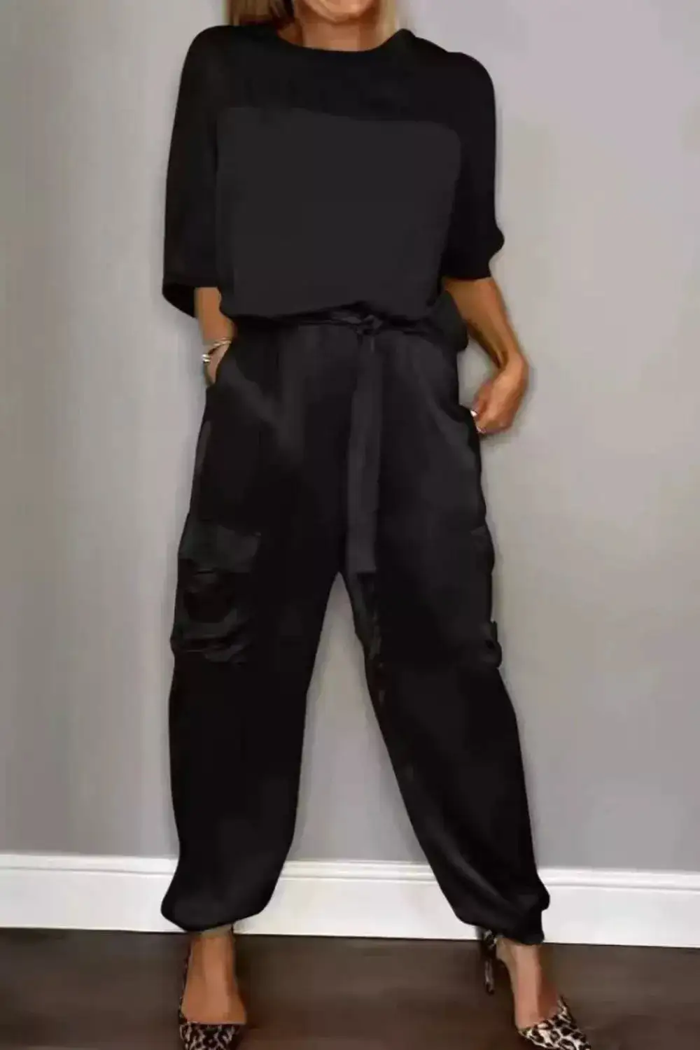 Satin Round Neck Top and Pants Set