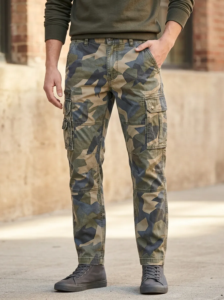 Men's Camouflage Cargo Pants Featuring Zip Fly